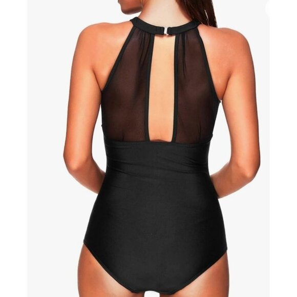 Womens Elegant Halter-Style Black Mesh One-Piece Swimsuit Size L Beach Vacation - Picture 3 of 10